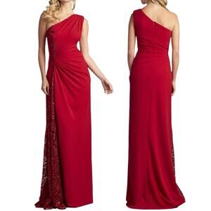 Tadashi Shoji One Shoulder Lace Insert Gown Geranium Red Size 12